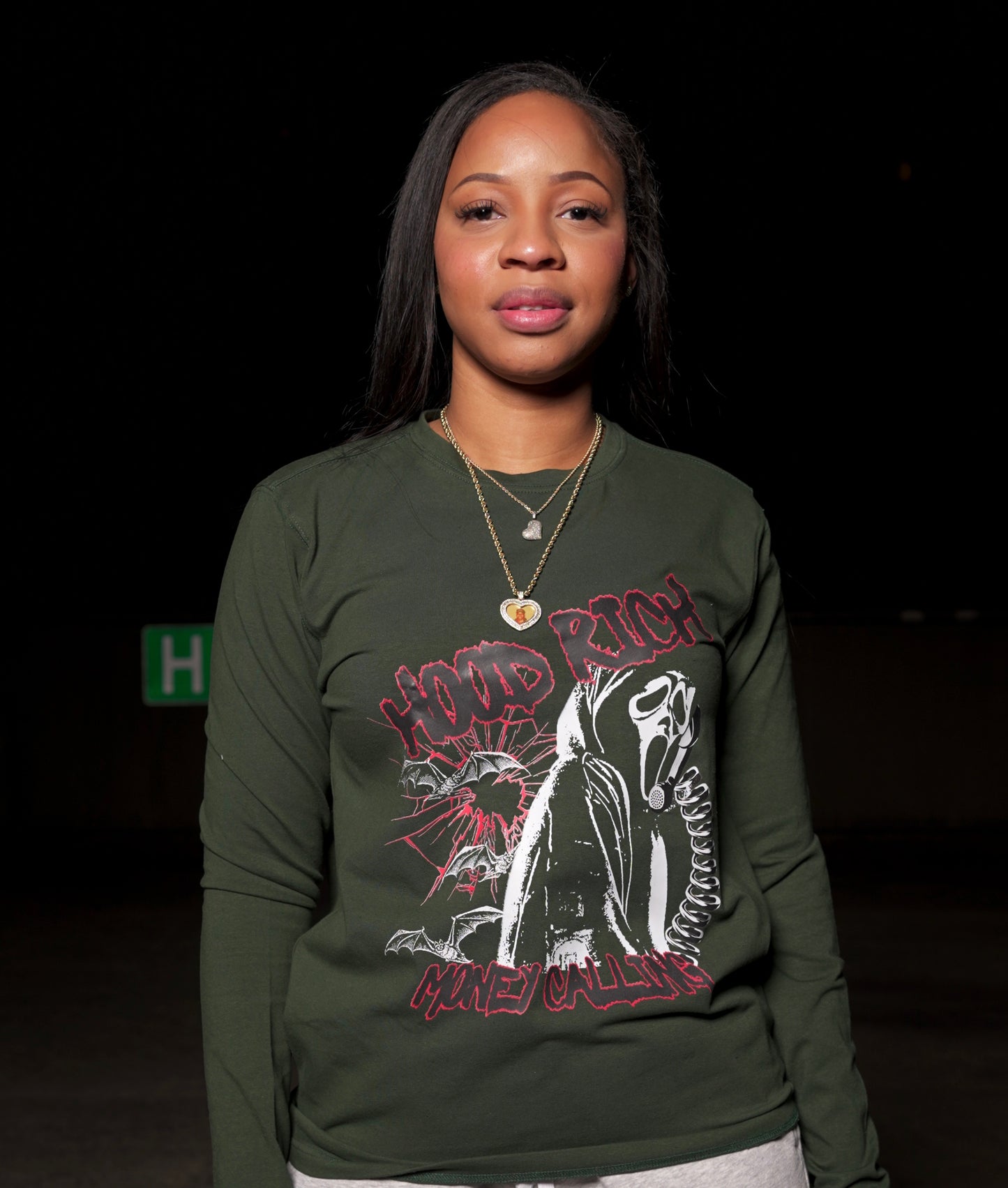Army Green “Money Calling” Long Sleeve T-Shirts